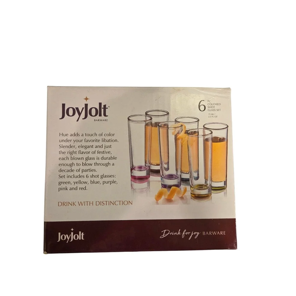 JoyJolt Hue 6 Piece Colored Shot Glass Set 2.5 oz Tall Blown Glass Barware NEW